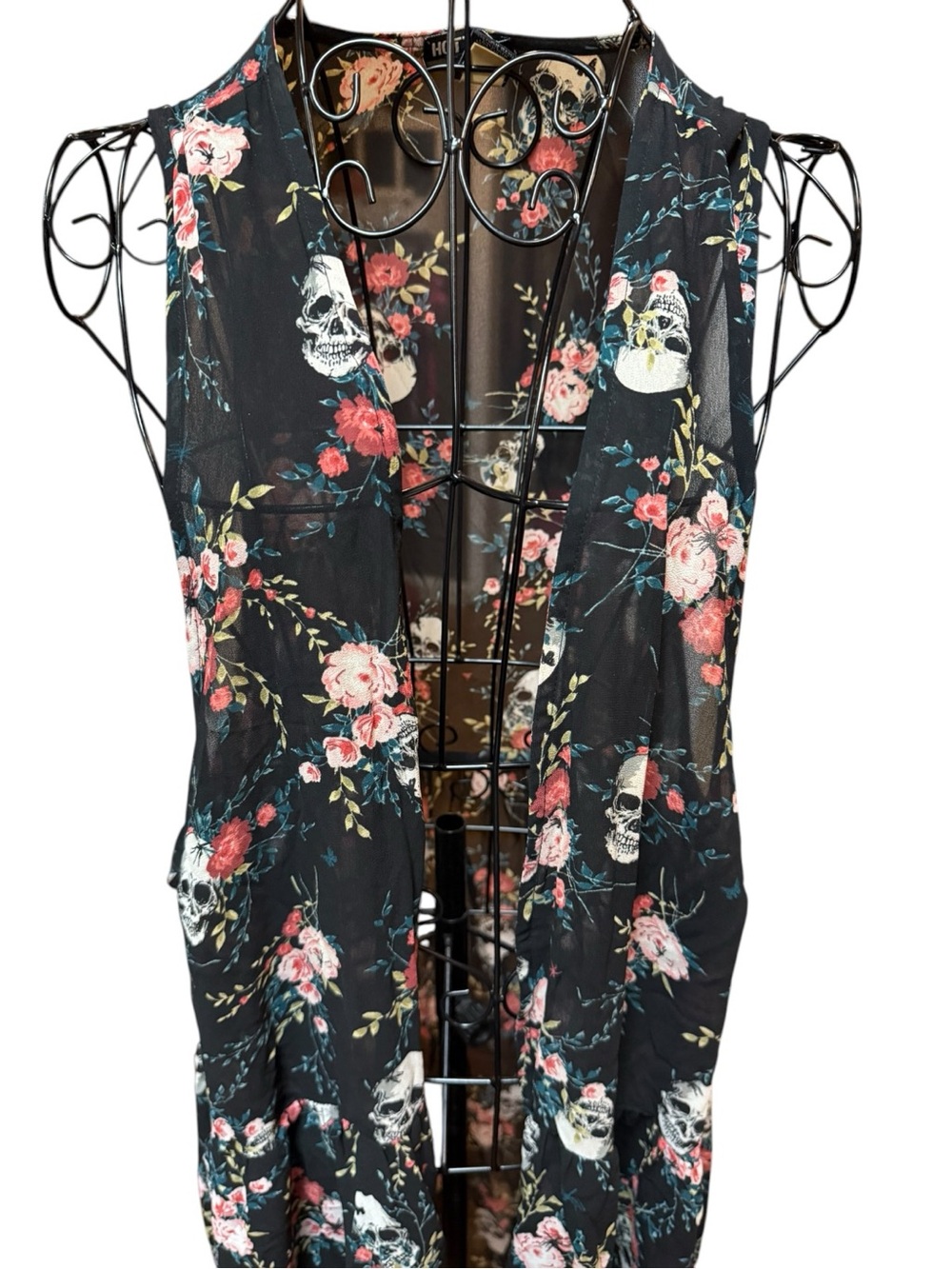 Sleeveless Black Floral Skull Gothic Duster Vest Halloween